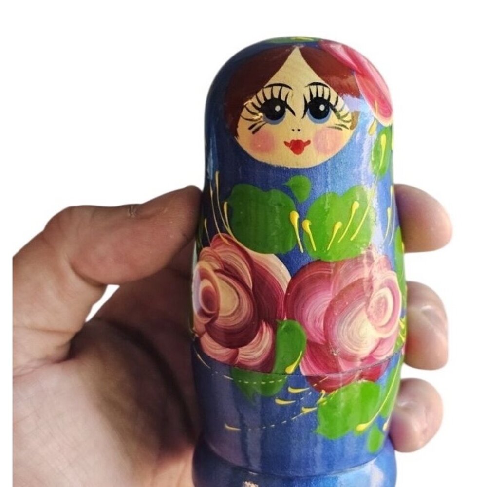 Russian Nesting Dolls Set of 5 Hand painted Blue Floral Woman Aprox 6" - Picture 6 of 7